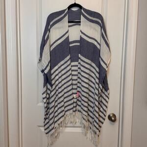 Isaac Mizrahi Blue and White Striped Poncho with Fringe